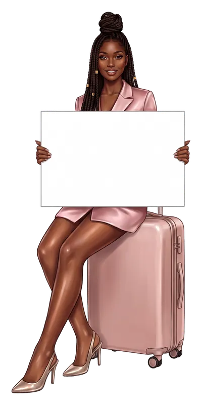 A woman on a suitcase with a board: Free on-site parking