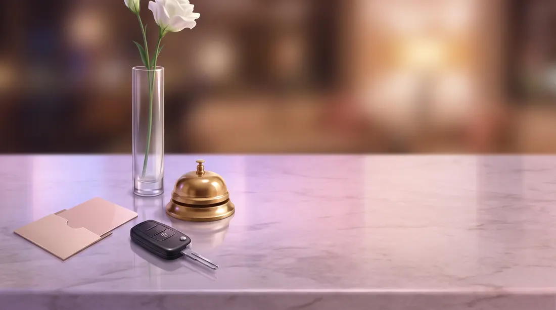 Key card and car key on a hotel front desk