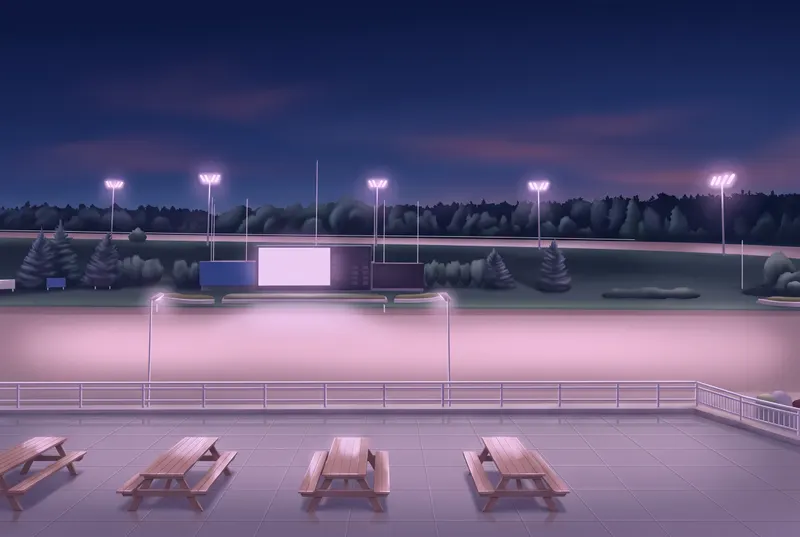 Floodlit Mohawk track seen from the terrace