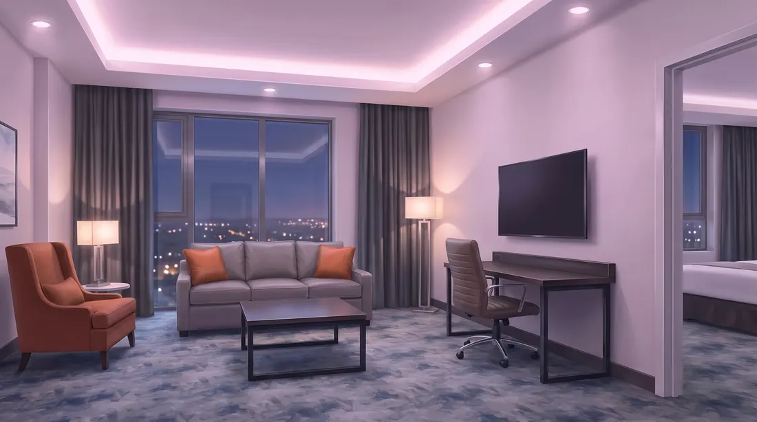 Suite at the Pickering Casino Resort hotel at night